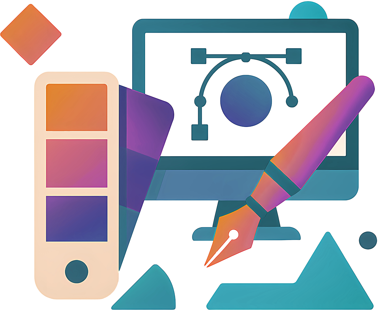 Colorful illustration of a computer monitor, color swatch, and pen on a white background