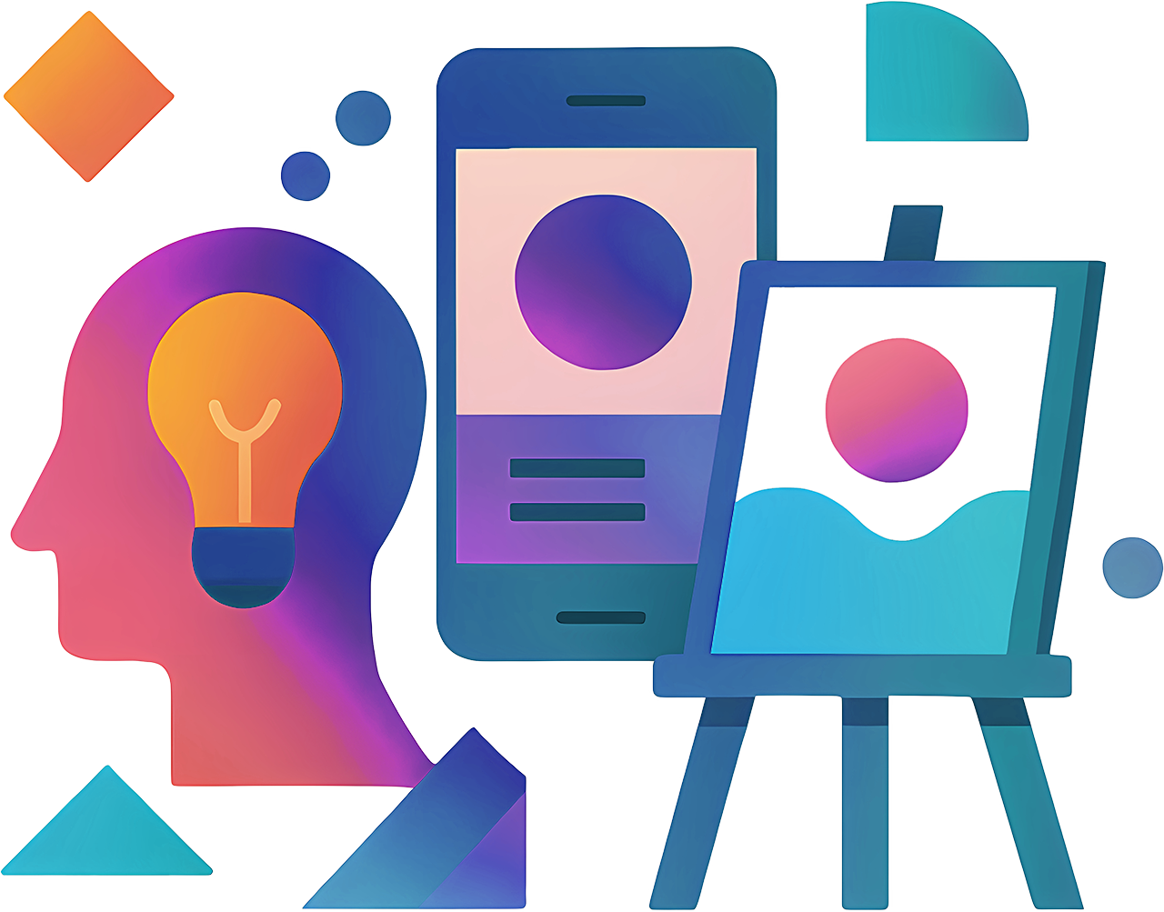 Illustration of a smartphone, easel, and head with a light bulb, surrounded by colorful geometric shapes.