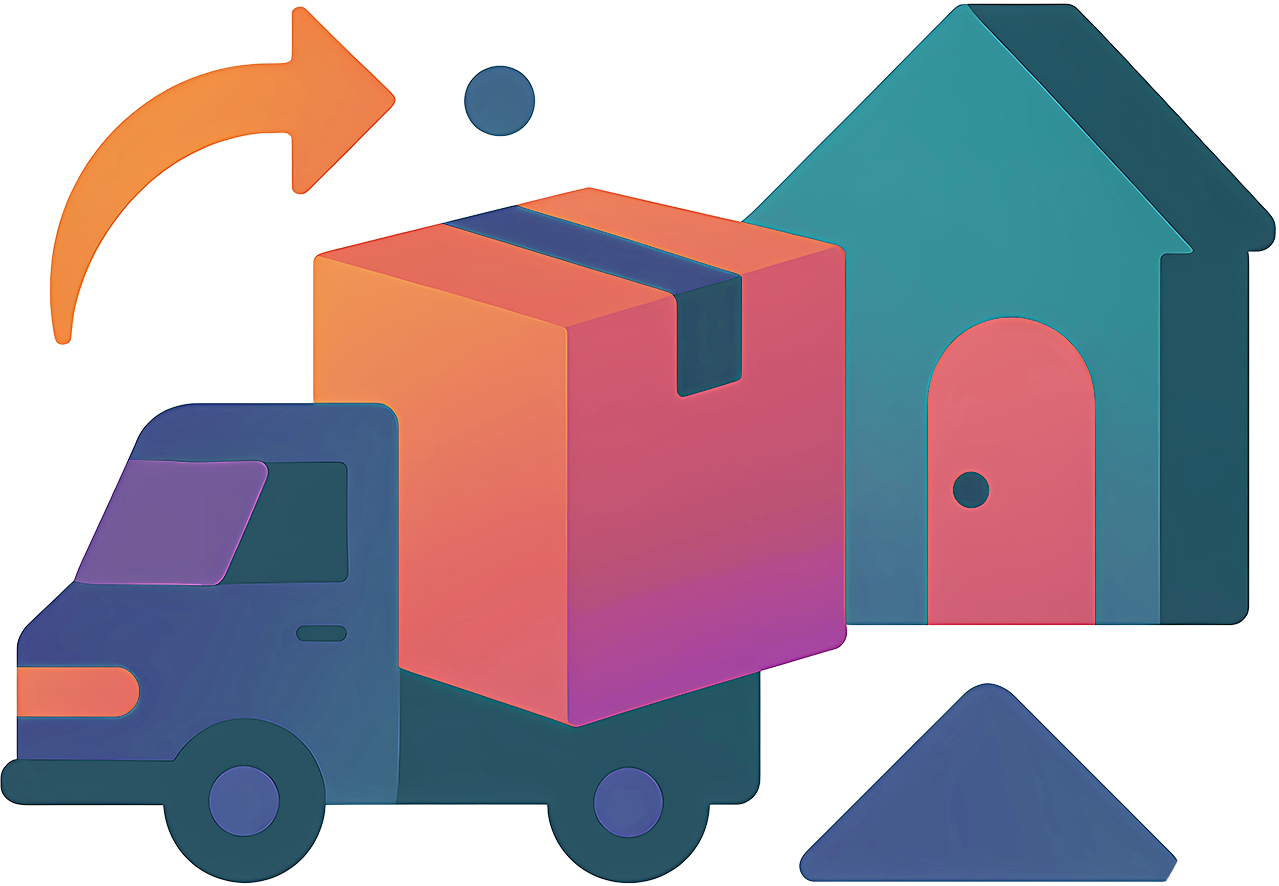 Colorful illustration of a truck, box, and house with an orange arrow pointing to the left.