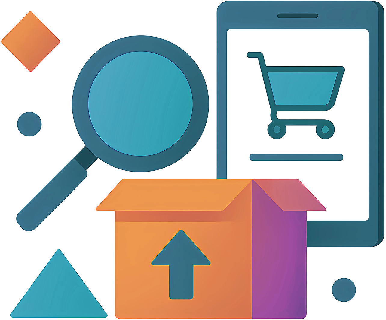 Illustration of a magnifying glass, shopping cart, box with an arrow, and smartphone on a white background.