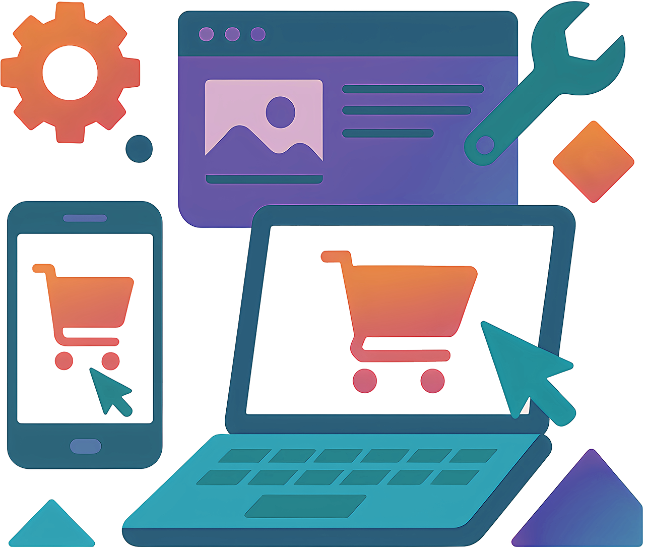 Illustrations of a laptop, smartphone, and shopping cart on a white background with various icons.