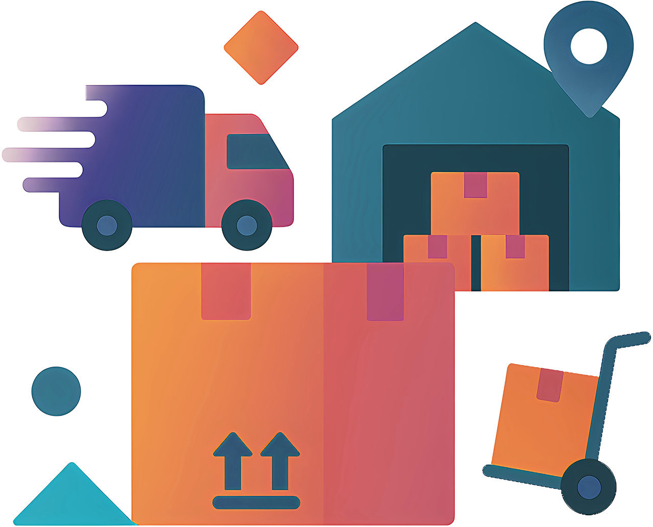 Colorful illustration of a delivery truck, boxes, and a warehouse on a white background